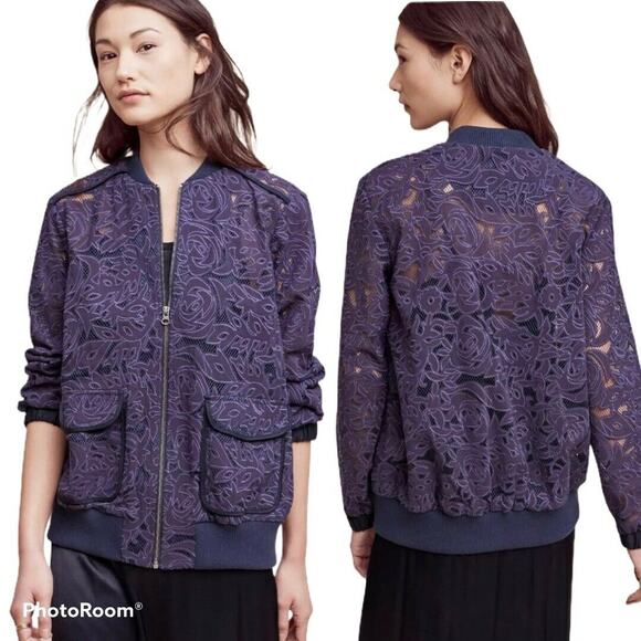 Anthropologie Elevenses Blue Semi-Sheer Miranda Lace Bomber Womens Size L - Picture 1 of 8